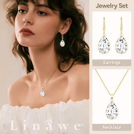 Linawe Wedding Jewelry Sets for Brides Bridesmaid, Crystal Imitation Diamond Pendant Necklace Set, Gold Drop Dangle Earring Set, Rhinestone Cubic Zirconia Birthstone Teardrop Matching Jewelry