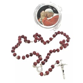 Pope John Paul II Rose Scented Wood Rosary Beads and Box, Made in Italy