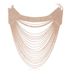 Sparkling Crystal Long Layered Necklace for Women Tassel Long Chain Necklace (Rose Gold)