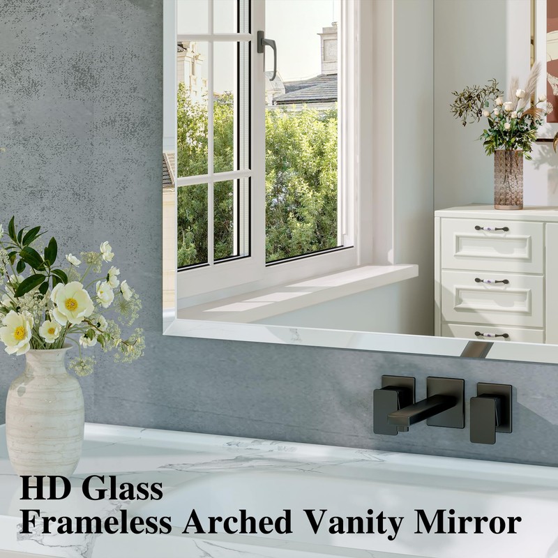 Frameless Arched Mirror, 24"x36" Beveled Bathroom Vanity Mirrors