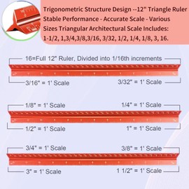 Architectural Scale Ruler, 12'' Imperial Architect Scale, Aluminum Engineer Scale Ruler for Blueprints, Metal Scale Rulers, Architecture Ruler, Triangle Drafting Ruler (Red)