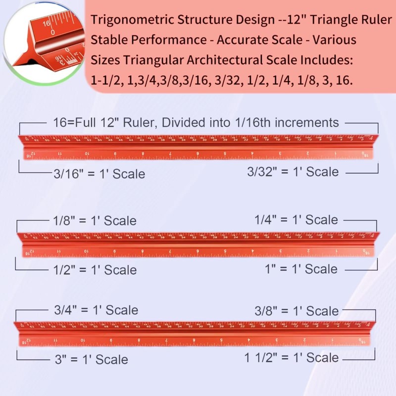Architectural Scale Ruler, 12'' Imperial Architect Scale, Aluminum Engineer Scale