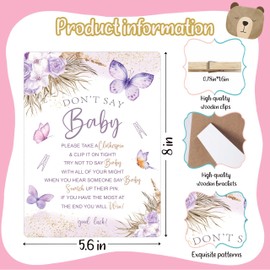 Baby Shower Sign, Don't Say Baby Baby Shower Game, for Purple Butterfly Baby Shower Decorations, Neutral Baby Shower Decor, Mini Clothespins for Baby Shower, 1 Wooden Sign & 50 Mini Clothespins Set-3