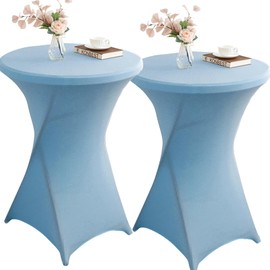 Qubjus 2 Pack Stretch Spandex Round Cocktail Tablecloth 32" x 43" – Elastic Fitted Table Cover for Weddings, Banquets, Parties, Restaurants – Light Blue