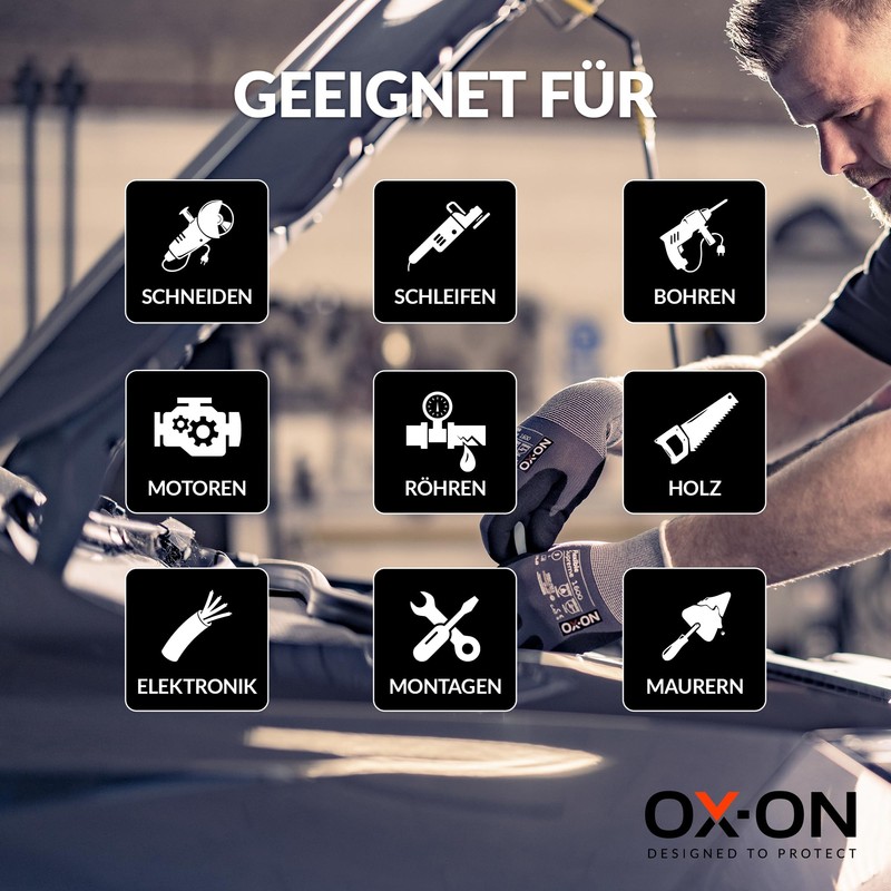 OX-ON Flexible Supreme 1600 Work Gloves Grey, Extremely Durable Safety