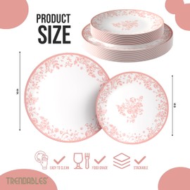 Trendables 40 Piece Plastic Disposable Plates Set (20 Guests) I 20 Pcs Of 8 Inch Dessert Plates & 20 Pcs Of 10 Inch Disposable Plastic Plates | Wedding Party Plates | Pink & White Toile Plates