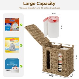 StorageWorks Garbage Bag Dispenser with Lid, Wall Mount Seagrass Plastic Bag Holder for Kitchen, Cabinet, Countertop, 2 Slots