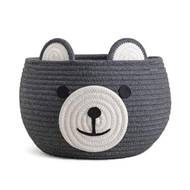 Goodpick Rope Toy Basket for Nursery Cute Bear Round Basket, Cotton Basket in Living Room Woven Baby Shower Basket Bedroom Storage Bakset for Kids, Grey, 10.5"D x 8.5"H