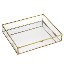Hipiwe Golden Jewelry Storage Box Home Decorative Box with Mirror Base Glass Photo Organizer for Ring Earring Keepsake Makeup, 10.4 x 8.4 x 2 Inch