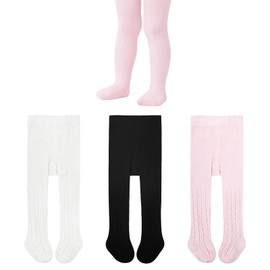 American Trends Baby Tights for Girls Cable Knit Cotton Newborn Pantyhose Soft Seamless Leggings Seamless for Infant Toddler 3 Packs-White Black Pink 2-4T