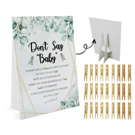 Greenery Don't Say Baby Game (1 Sign and 50 Mini Natural Clothespins) - Baby Shower Decorations, Games Gender Neutral, Green Leaves (DS26)