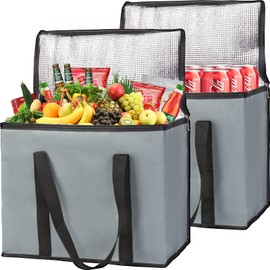 CIVJET Insulated Grocery Shopping Bags, X-Large Food Delivery Bag for Delivery Drivers, Reusable Tote Cooler Bag for Travel, Dark Gray, 2-Pack