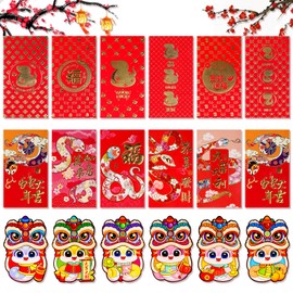 Kalolary 36 Pcs Chinese Red Envelopes, 2025 Chinese New Year Snake Year Envelope Lucky Red Money Envelopes Cute Cartoon Chinese Elements Auspicious Words for Party Chinese Lunar Year
