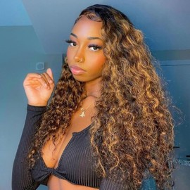 Ombre Lace Front Wig Human Hair 13x4 Highlight Water Wave Honey Blonde HD Transparent Lace Front Wigs for Women 180 Density 4/27 Glueless Wigs Human Hair Pre Plucked with Baby Hair 26 Inch