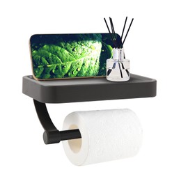 Adhesive Toilet Paper Holder with Phone Shelf, Modern Toilet Tissue Holder Stainless Steel RV Toilet Roll Holder Without Drilling, Universal TP Holder Wall Mount for Bathroom (7.3″x4.5″, Grey)