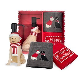 3-Piece Bathroom Accessory Set | Christmas Decor | Resin Soap Pump | 2 Embroidered Hand Towels | 3 Designs to Choose from | Box Set | Great Gift | for Bathroom, Kitchen, Any Countertop | (Happy Pup)
