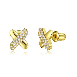 Letter X Earrings - 14K Gold-Plated Cubic Zirconia Stud Earrings for Women, Copper, Cubic Zirconia
