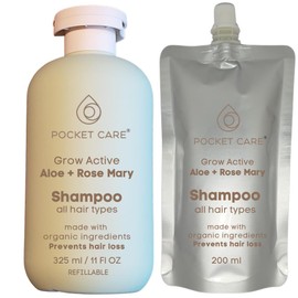PocketCare Shampoo para pelo orgánico, artesanal de pulpa de sábila en alta concentración, romero y nutrientes naturales, regenerador de cabello, Prevención caída del cabello e Hidratación 325 ml (Kit Shampoo + Refill, Aloe Vera)