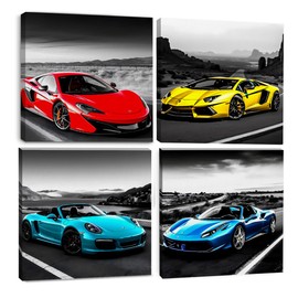 4PC Supercar Canvas Wall Art Framed Decor Car Wall Art Colorful Supercar Painting Picture Racing Car Garage Wall Decor Modern Canvas Prints for Men Boys Room Bedroom Home Office