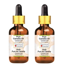 Greenwood Essential Pure Camellia Oil (Camellia kissi) with Glass Dropper Cold Pressed (Pack of Two) 100ml X 2 (6.76 oz)