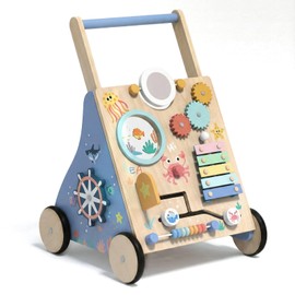 Ocean-Themed Wooden Baby Walker with Activity Center, Montessori Push Walker Toy for Babies 18 Months, Safe First Steps Baby Walking Aid for Boys & Girls