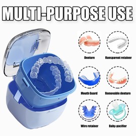 Denture Case, Retainer Cleaning Box, Large Capacity Denture Container Cup for Any Full and Partial Denture, Clear Dentures, Retainers, Night Guards (with Brush and Mirror)