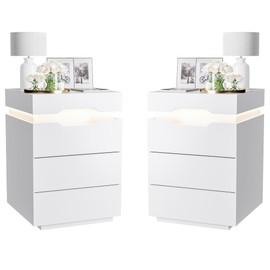 YESHOMY Nightstand with LED Light and Charging Station, Endtable with 3 Drawers, Bedside Table with Large Capacity, for Bedroom, Set of 2, 27.5" Height, White