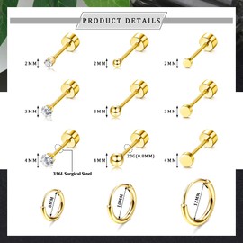 Kakonia Small Tiny Stud Hoop Earring Gold Studs 18K Stainless Steel Earring Sets for Multiple Piercing Cartilage Hoop Earrings