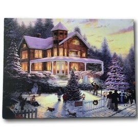 BANBERRY DESIGNS Christmas LED Canvas Print - Winter Scene Wall Art with a Victorian House in a Snowy Setting - Christmas Lights in the Trees Light Up - 16 X 12 Inches
