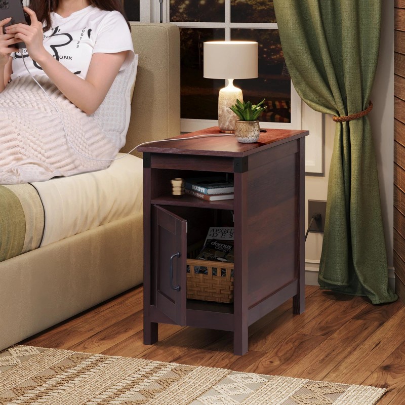 Wlive End Table with Charging Station, Narrow Side Table for