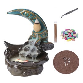 Ceramic Backflow Incense Holder Waterfall Moon Incense Burner, Aromatherapy Ornament Home Decor with 1 Tweezer 1 Mat 30 Backflow Incense Cones + 30 Incense Sticks