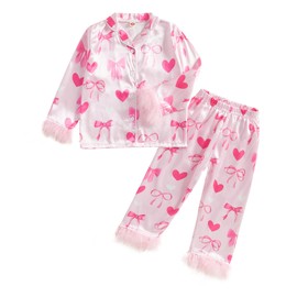 Kuriozud Toddler Kids Girl Valentines Day Satin Silk Pajamas Little Girl Feather Trim Sleeve 2 Piece Pajama Set Nightgown Pjs (Pink, 2-3 Years)