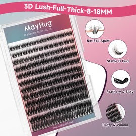Mayhug Eyelash Extensions, 3D Effect, Individual Eyelashes, 144 Pieces, D Curl Clusters, Lashes, Fluffy, 8-18 mm, DIY Natural Eyelashes, Fake Lashes (Prism)