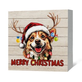 JRTW Christmas Corgi Dog Wood Box Sign Decor, Corgi Gifts for Corgi Lovers, Merry Christmas Corgi Dog Wooden Box Sign, Corgi Christmas Decor Decoration for Home Office Desk Shelf Table Decor