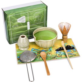 Juego de Matcha Cerámica 8 piezas, Incluyendo Cuencos, Agitadores y Soportes,Tamiz, Cuchara, Descanso Scooter，Cucharilla, Toalla de Té (Verde Moteado)