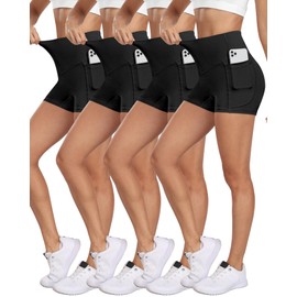 NORMOV 4 Packs Spandex Shorts for Women with Pockets, 3'' High Waisted Tummy Control Booty Yoga Shorts(4Black,XL)