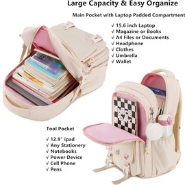 QHRIDS Girls Backpack Aesthetic Laptop Backpacks Kawaii Large Bookbag Anime Casual Travel Daypack,Beige