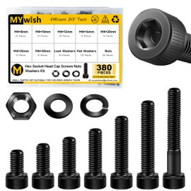 Mywish 380 Pcs M4 Screw Nuts and Bolts Assortment Kit, Grade 12.9 Alloy Steel Hex Socket Head Cap Metric Screws Bolts, Spring & Flat Lock Washers/Nuts/Hex Wrenches, Black Oxide M4*8/10/12/16/20/25/30