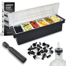 Esatto Bar Products Condiment Holder with 6-1 Pint Inserts Black, Keeps Fruit and Berries Fresher Longer, Additional 12 Pourers, 12 Pourer Covers, 1 Muddler
