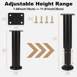 FIVEPEARS 2 PCS Adjustable Furniture Legs 7.08-11.8 Inch,Metal Adjustable Legs for Cabinet;Table;Sofa;Bed，Replacement Bed Frame Support Legs for Bed Frame/Bed Center Slat