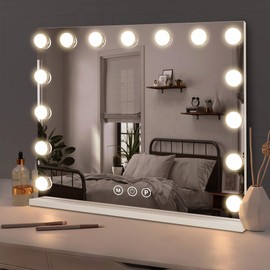 NeuType Vanity Mirror with Lights, Makeup Mirror with Lights, Light Up Mirror with 15 Dimmable Lights for Makeup Desk, 5X Magnification, 3 Colors Modes, Tabletop or Wall-Mounted, Charing Port