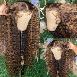 miear Highlight 13x6 Lace Front Wigs Human Hair 4/27 Ombre Deep Wave HD Transparent Lace Front Wig 180% Density Glueless Curly Lace Front Wig Human Hair with Baby Hair for Black Women 26 Inch