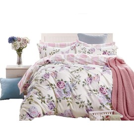Swanson Beddings Pink-Purple Roses 5-Piece 100% Cotton Bedding Set: Duvet Cover, Two Pillowcases and Two Pillow Shams (King)