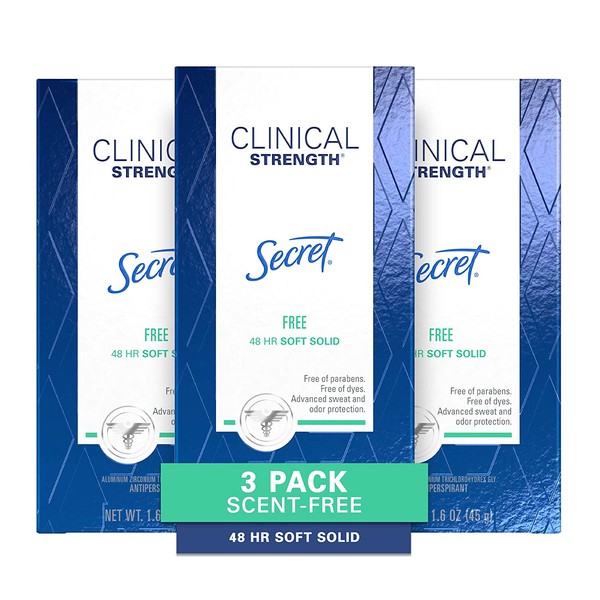 Secret Antiperspirant Clinical Strength Deodorant for Women, Soft Solid, Paraben Free, Dye Free, Sensitive Unscented for Sensitive Skin, 1.6 Oz, (Pack of 3)