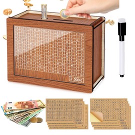 Jadesiegel Wooden Money Box with Savings Target, Retro Money Box Storage Box, Goalsaver Box with Numbers Ticking, Checking, Money Saving Box, Cash Box €500-€10,000 Target Suitable