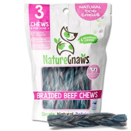 Nature Gnaws Braided Beef Jerky Chews for Dogs 5-6" (3 Count) - Long Lasting for Small and Medium Dogs - Natural Beef Gullet Dog Chew Bones