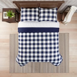 Serta Simply Clean Alex Soft 5 Piece Buffalo Check Plaid Bed in A Bag Complete Bedding Comforter Set with Sheets and Pillow Cases for All Season, Twin/Twin XL, Navy/White