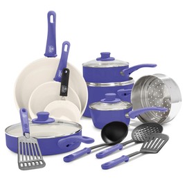 GreenLife 16 Piece Nonstick Cookware Set, Soft Grip Non-Toxic PFAS-Free Ceramic Pots & Pans, Dishwasher & Oven Safe, Frying, Sauce, Utensils, Glass Lids, Stay-Cool Handles, Wobble Free, Periwinkle