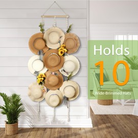 HYDERMUS Hat Rack Organizer for Wall 10 Clips Macrame Display Hat Hangers for Wide Brimmed Hat Holder Storage Boho Decor for Fedora Sun Hats Straw Panama Closet Bedroom Gifts for Mom