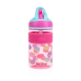 Nuby Thirsty Kids Flip-it Freestyle On The Go Botella de agua con taza de popote duro resistente a mordidas y banda de fácil agarre, rosquillas, 12 onzas